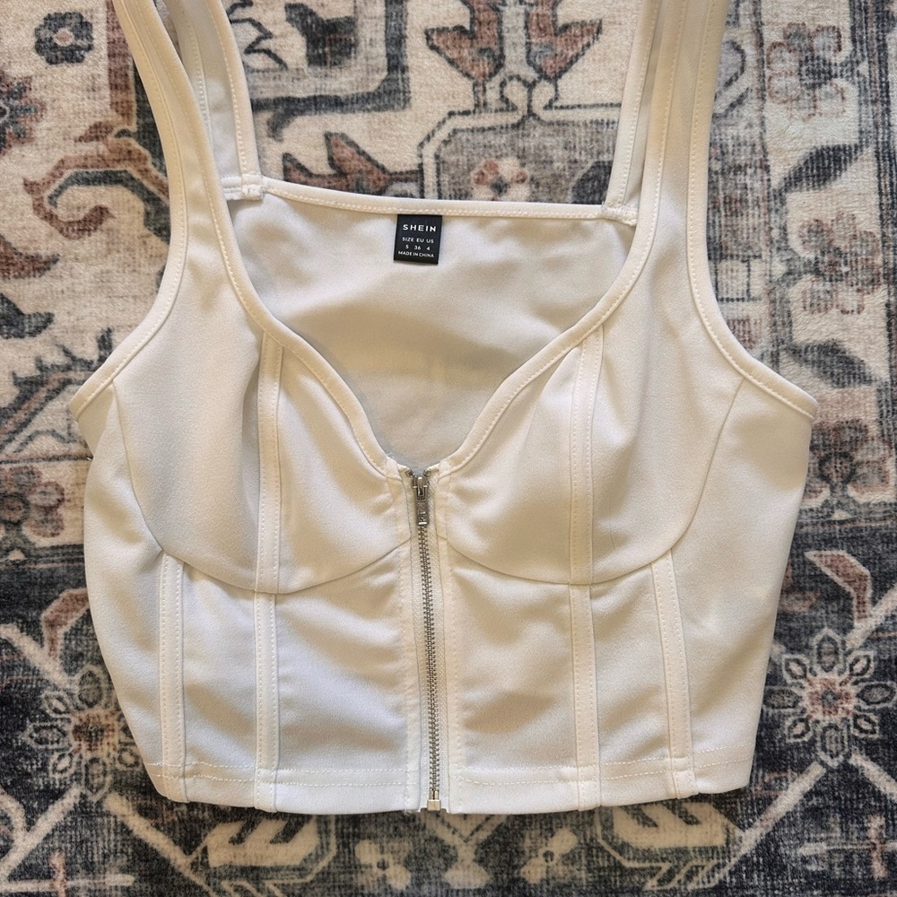 SHEIN Cream Zip-Front Bustier Crop Top